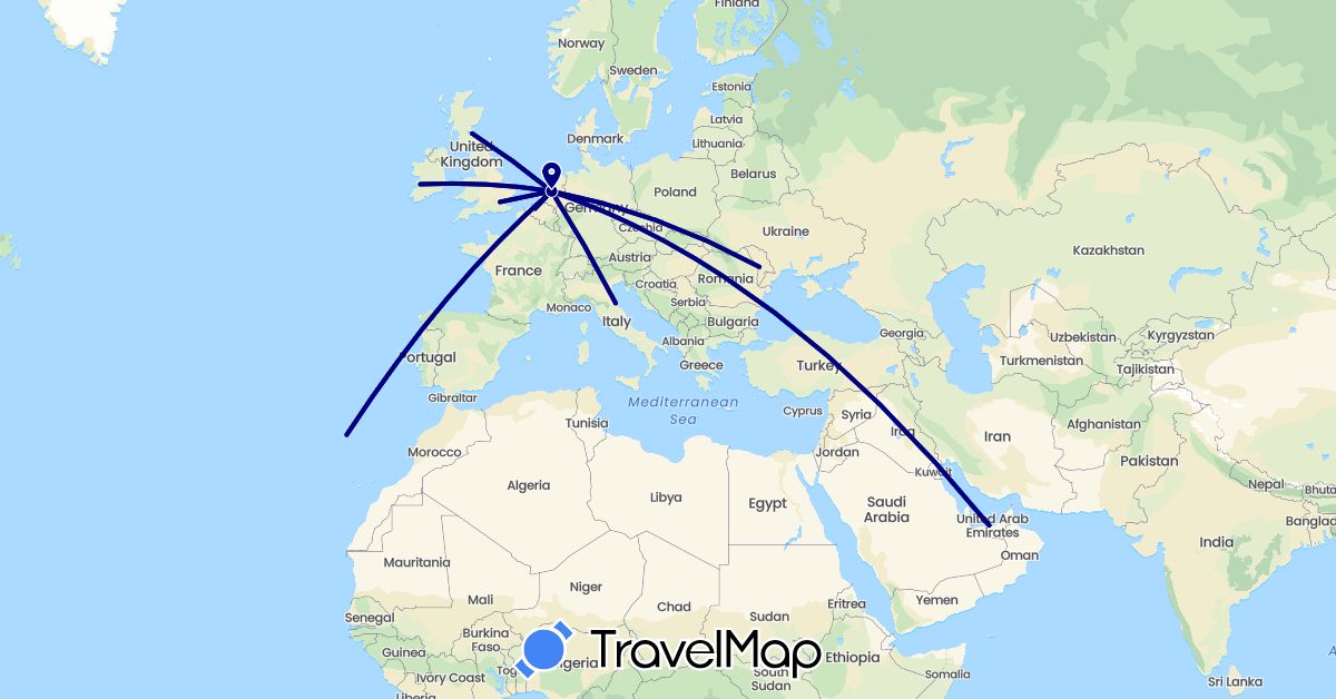TravelMap itinerary: driving in United Arab Emirates, Belgium, United Kingdom, Ireland, Italy, Moldova, Netherlands, Portugal (Asia, Europe)